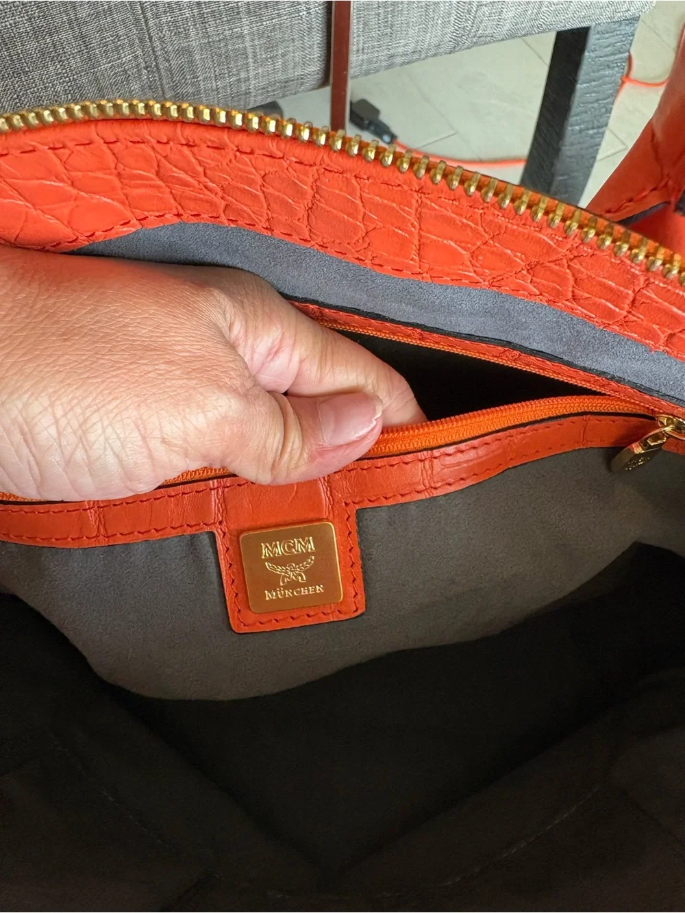 Mcm Orange Croc-Embossed Leather Tote Bag